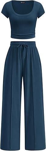 PRETTYGARDEN Women's Summer 2 Piece Matching Lounge Sets Short Sleeve Crop Tops Wide Leg Pants 2026 Airport Travel Outfits (Navy Blue, Large)