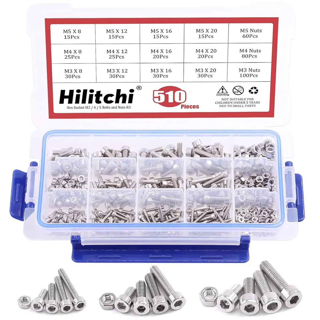 Hilitchi 510pcs M3 M4 M5 Stainless Steel Hex Socket Head Cap Bolts Screws Nuts Assortment Kit - 304 Stainless Steel (Hex Socket)