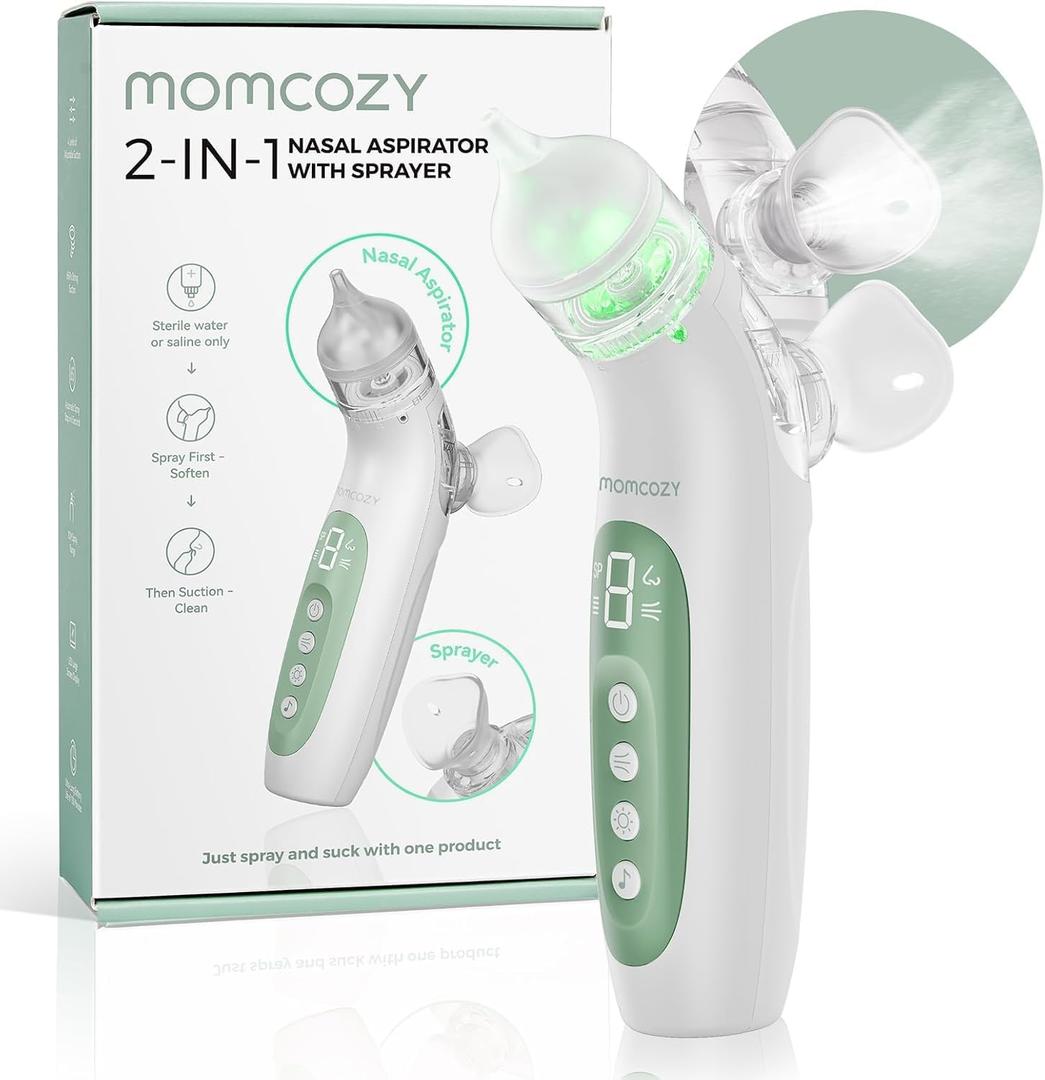 Momcozy BreezyClear 2-in-1 Electric Nasal Aspirator for Baby with Spray, 65kPa Hospital-Grade Suction, 4 Adjustable Levels, Quiet & Portable Nose Cleaner with Soothing Light & Music