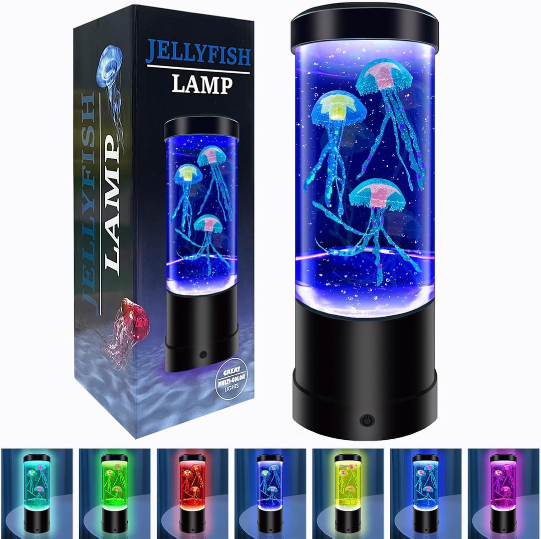 Jellyfish Lamp,7 Color Changing Aquarium Light,USB/Battery Bubble Jellyfish Night Light,Desk Mood Lamp for Home Bedroom Room Office,Tower Jelly Fish Light Lamp Present Decor for Kids Girls Adults Boys (Black)