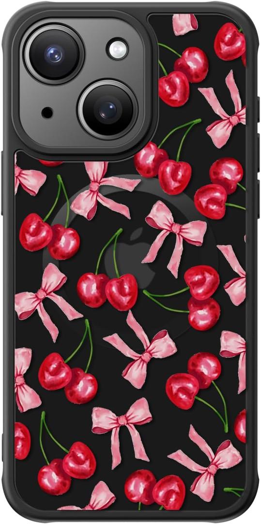 FUNMIKO for iPhone 15 Plus Case Wireless Charging & Military-Grade Protection - Cute Floral Design for Women Girls, Non-Slip Matte Cover with Shockproof Corners - Cherry and Bows