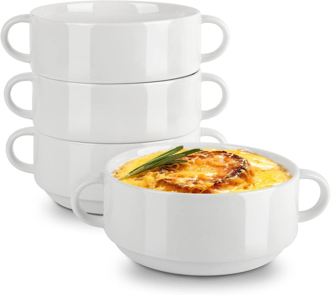 22 oz Bowls, Soup Bowls with Handles Set of 4, Ceramic Serving Bowls for Salad, Cereal, French Onion Soup, Dessert, Dishwasher, Microwave, Oven, Stackable Bowls for Kitchen
