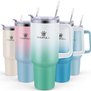 40 oz Tumbler with Handle and Straw Lid, 100% Leak-proof Travel Coffee Mug, Stainless Steel Insulated Cup for Hot Cold Beverages, Keeps Cold for 34Hrs or Hot for 10Hrs, Dishwasher Safe (WhiteGreen)