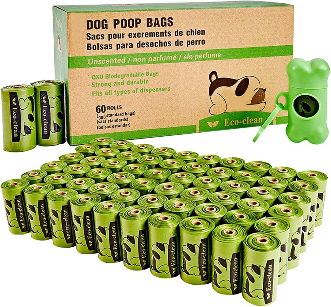 ECO-CLEAN Dog Poop Bags, 60 Rolls / 900 Count Dog Waste Bags with Dispenser and Leash Clip, Unscented, Extra Thick and Strong Poop Bags for Dogs