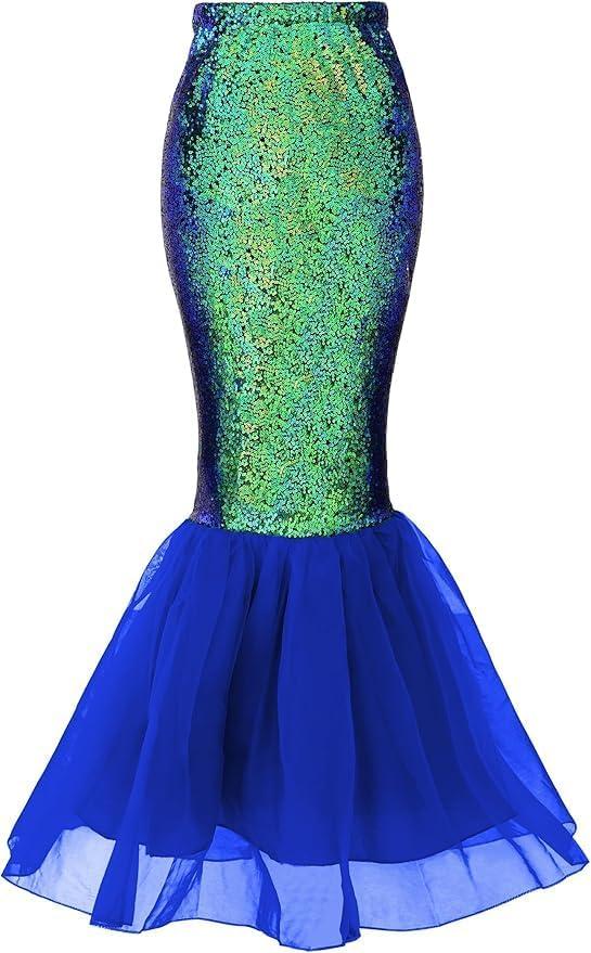 Women's Halloween Mermaid Tail Costume Dress Cosplay Party Sequin Maxi Skirt (Large, Blue)