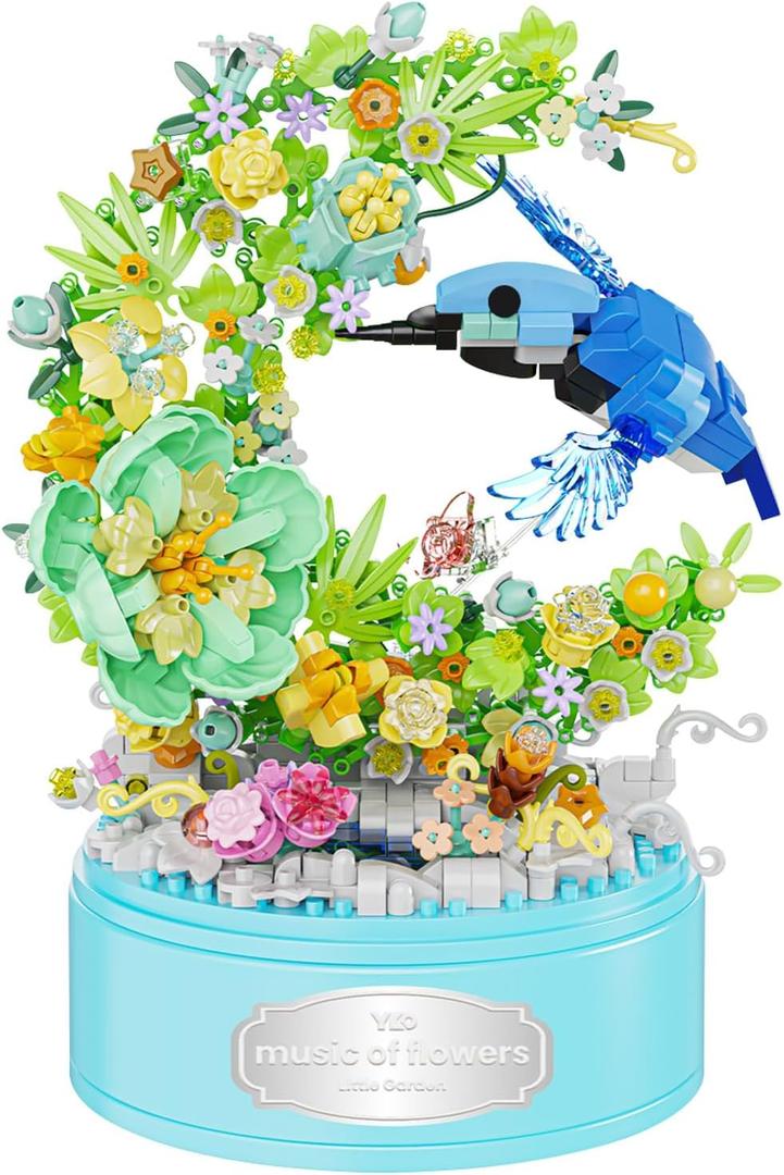 DIY Garden Toy Kit for Kids, Bird-Shaped Flower Building Set, Educational STEM Gift for Girls Boys Age 8+, Rotating Music Box Craft, Birthday Present Home Decor (Green)