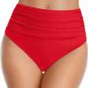 Tempt Me Women's High Waisted Bikini Bottom Tummy Control Ruched Bathing Suit Swim Bottom (Red, M)