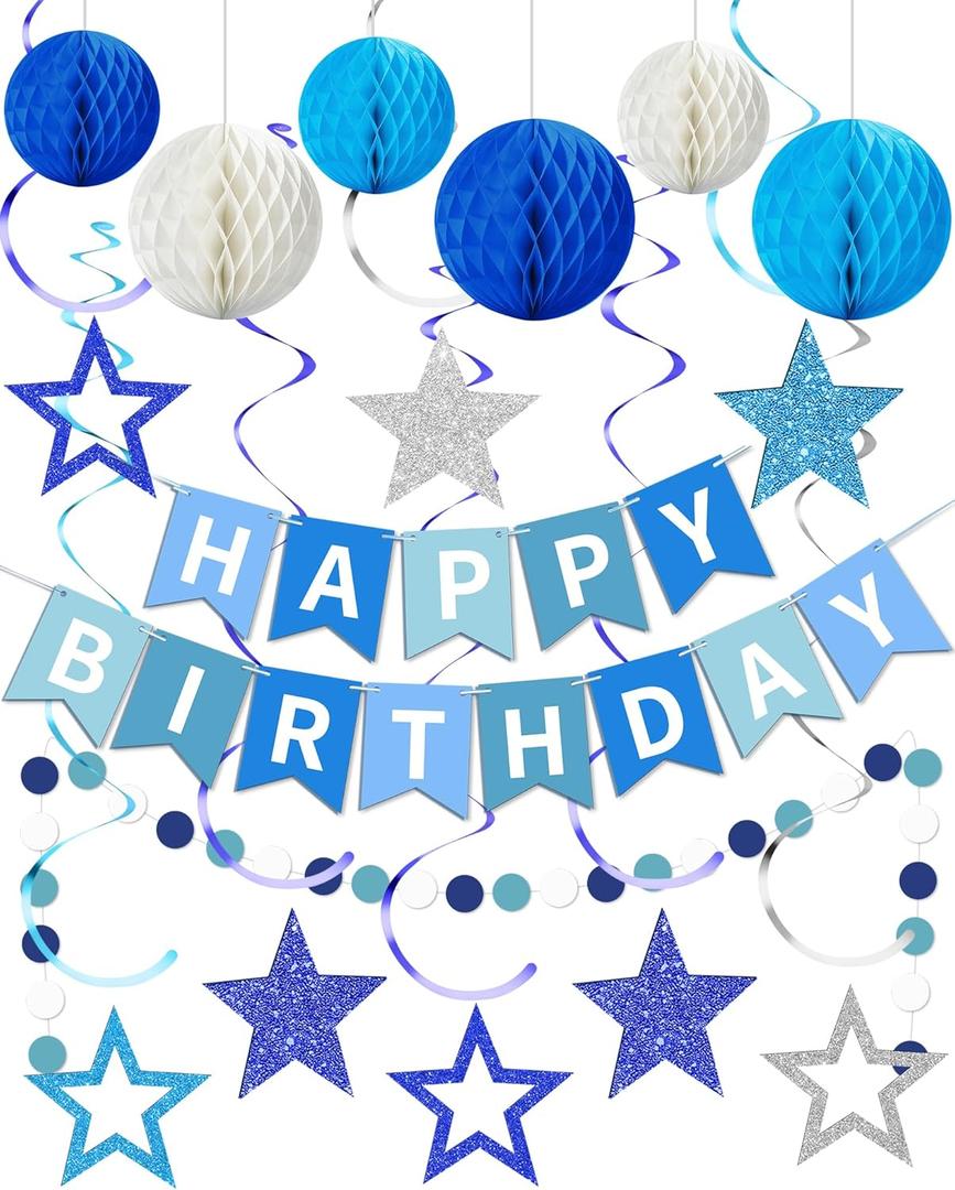 Blue Happy Birthday Decorations, Happy Birthday Banner with Honeycomb Balls, Stars Hanging Swirl Streamers, Dots Garland, Party Decorations for Men Boys Women Girls