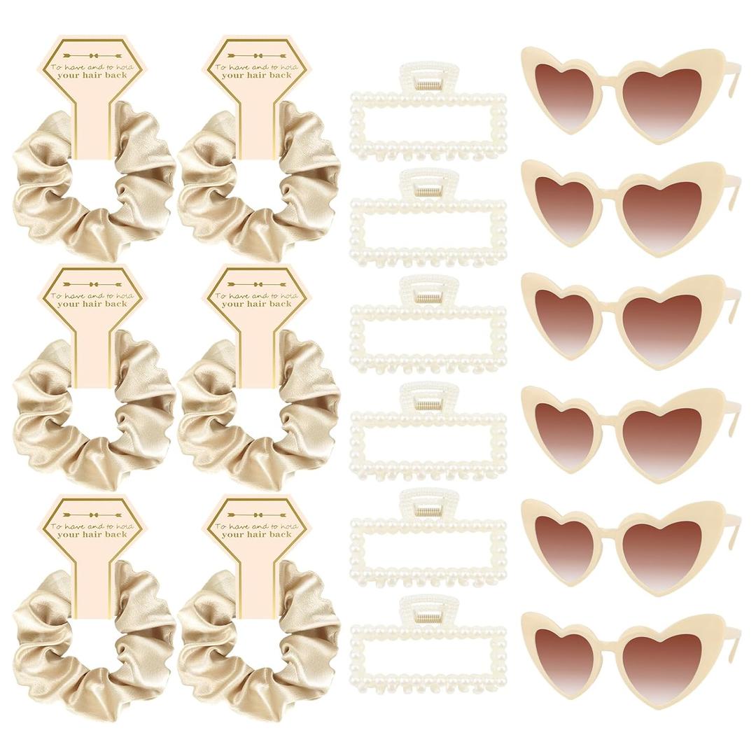Bridesmaid Proposal Gifts, 18 PCS Bridesmaids Silk Hair Scrunchies, Pearl Hair Clips & Heart Shaped Sunglasses Set, Bridesmaids Gifts for Wedding Day & Bridal Shower Favors(Champagne Gold)