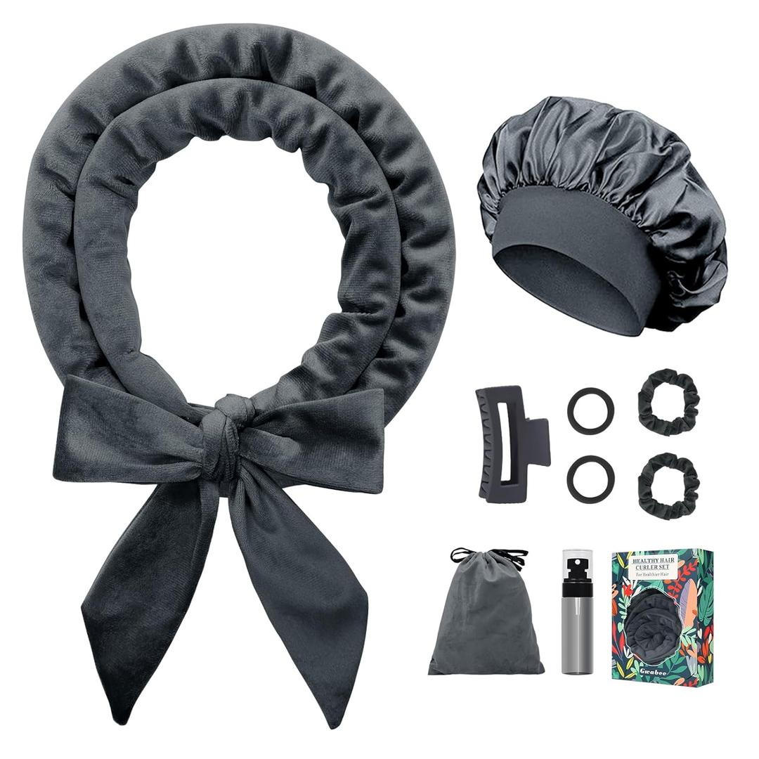 Gwabee No Heat Overnight Hair Curlers Headband, 70" Soft Ribbon Curl Wrap for Long Hair - 9 PCS Curling Rods Set - Grey