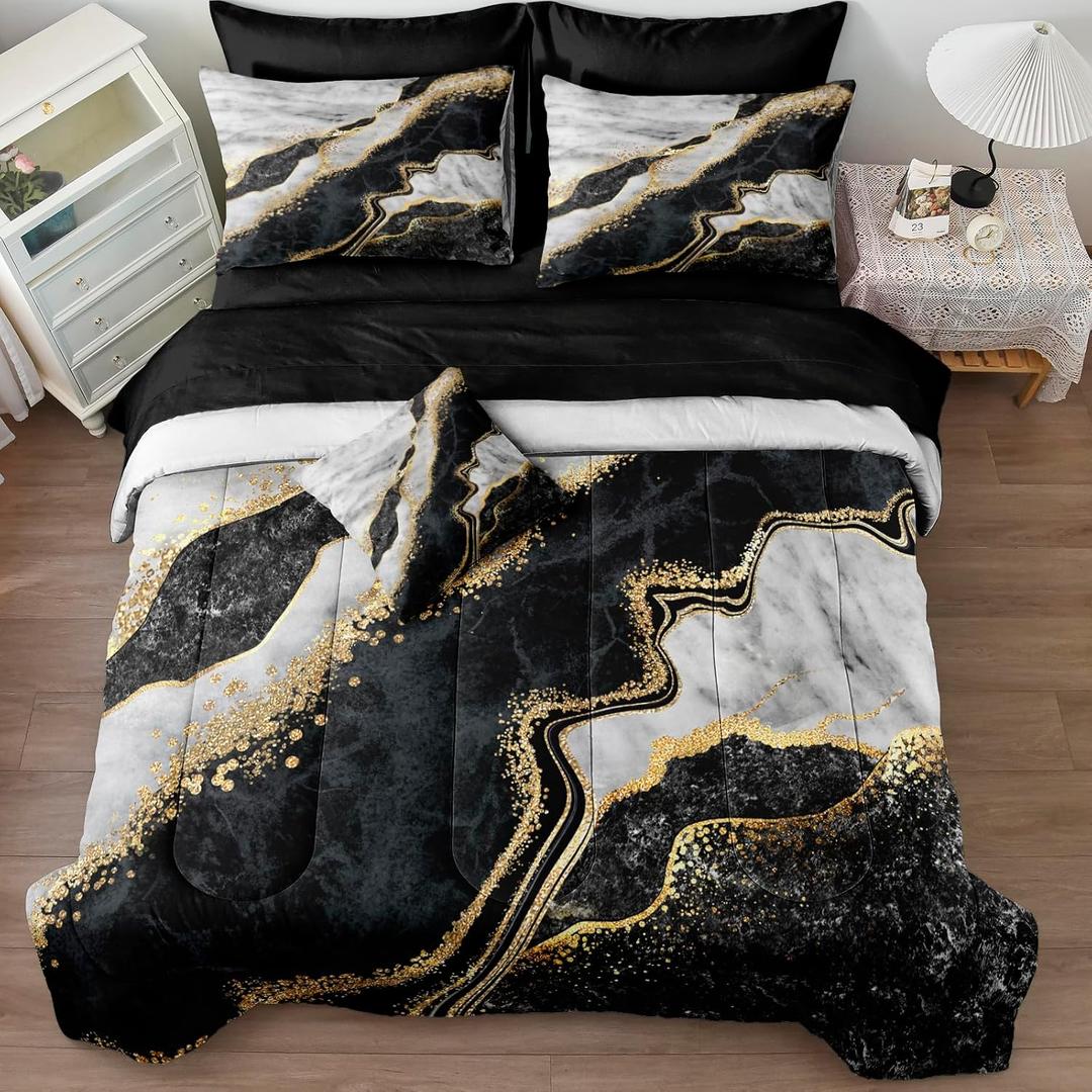 Merryword Black White Marble Comforter Set Queen Size 8 Pieces Bed in a Bag Gold Metallic Marble Design Bedding with 1 Comforter, 4 Pillowcases, 1 Flat Sheet, 1 Fitted Sheet, 1 Cushion Cover