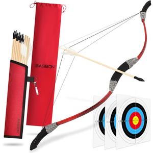Basbon Kids Bow and Arrow Set, 33 Archery Set Wooden Bow and Arrow, Outdoor Toy Bow and Arrow for Kids 6-8 8-12, 1 Bows 1 Quivers 10 Arrows 3 Targets & Storage Bag, Gifts for Kids Youth Girls Boys