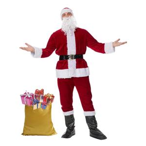 Men's Santa Claus Costume Adults Suit 7 Pcs, Deluxe Velvet Large Santa Outfits for Christmas, Cosplay Party, with hats, beard, belt XL