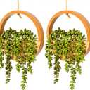 Artificial Hanging Plants Hanging Planter Fake Succulents Artificial String of Pearls with Pot and Lanyard for Home Office Wall Decoration (2 Pcs, Wood Color)