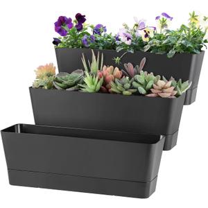 Window Box Planter with Tray, 12" Rectangle Plant Pot, Pack of 3 (Black)