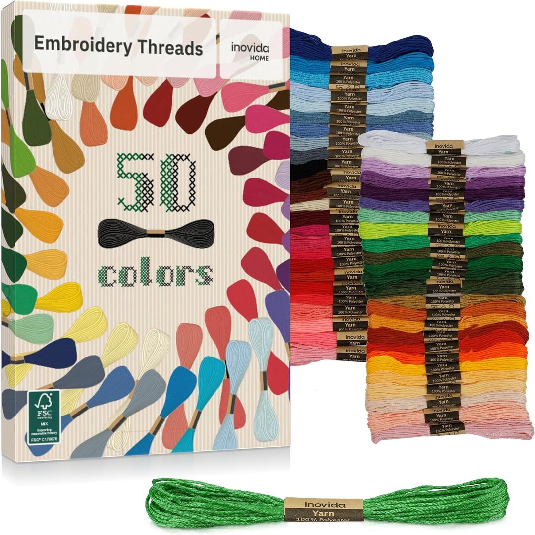Inovida Embroidery Floss Set - 50 Colors x 16 Feet : Crafting & Sewing Thread Kit for Friendship Bracelets, Cross Stitch, Weaving for Beginners & Pros