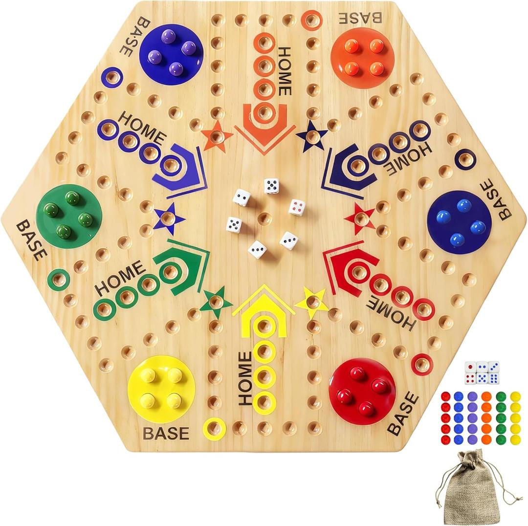 Wooden Board Game, Original Marble Game Double Sided Painted 2 to 6 Player Fast Track Board Game Wooden with 6 Colors 24 Marbles 6 Dice for Adults Kids Family(15 INCH)