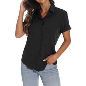 GUANYY Women's Short Sleeve Button Down Shirt Womens Shirts Dressy Casual Business Work Blouses V Neck Collared Tops (X-Large, Black)