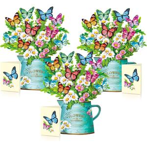 Airpark Pop Up Flower Cards, 3 Packs, Daisies and Butterflies,12inch Forever Flower Bouquet 3D Popup Greeting Cards with Blank Note Card and Envelope for Birthday, Easter, Mother's Day