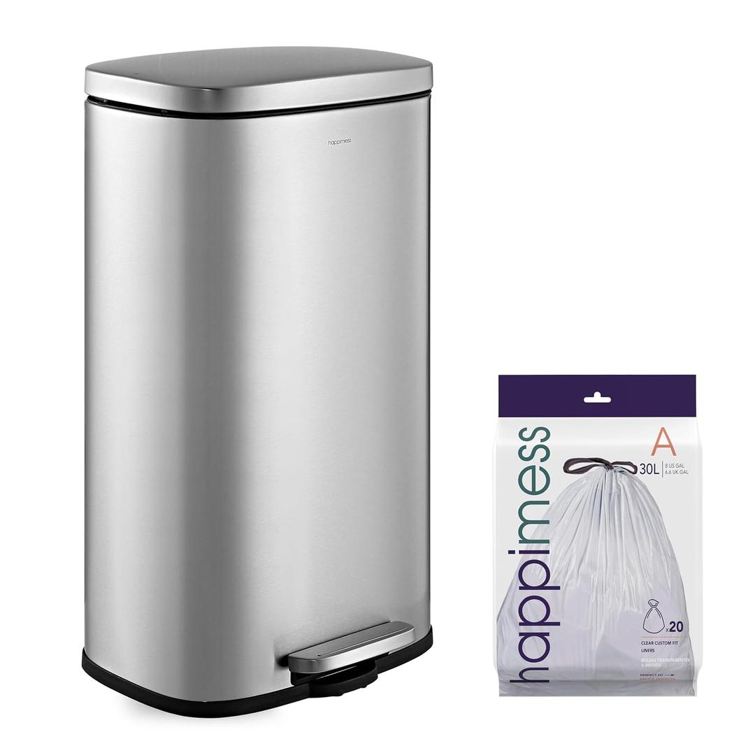 happimess Curtis 8 Gal Step Trash Can Soft Close 25", Platinum Silver
Stainless Steel, Fingerprint Resistant Satin Finish, Removable Liner, Steel Pedal, 20 Trash Bags Included, Kitchen Bin
