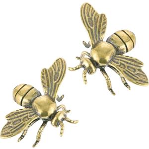 2 PCS Gold Bee Figurines: Vintage Brass Bee Statues Decorative, Brass Animal Ornament DIY Craft, Small Brass Metal Bee Desktop Ornament for Rustic Office Home Decor Wall Art, Gift