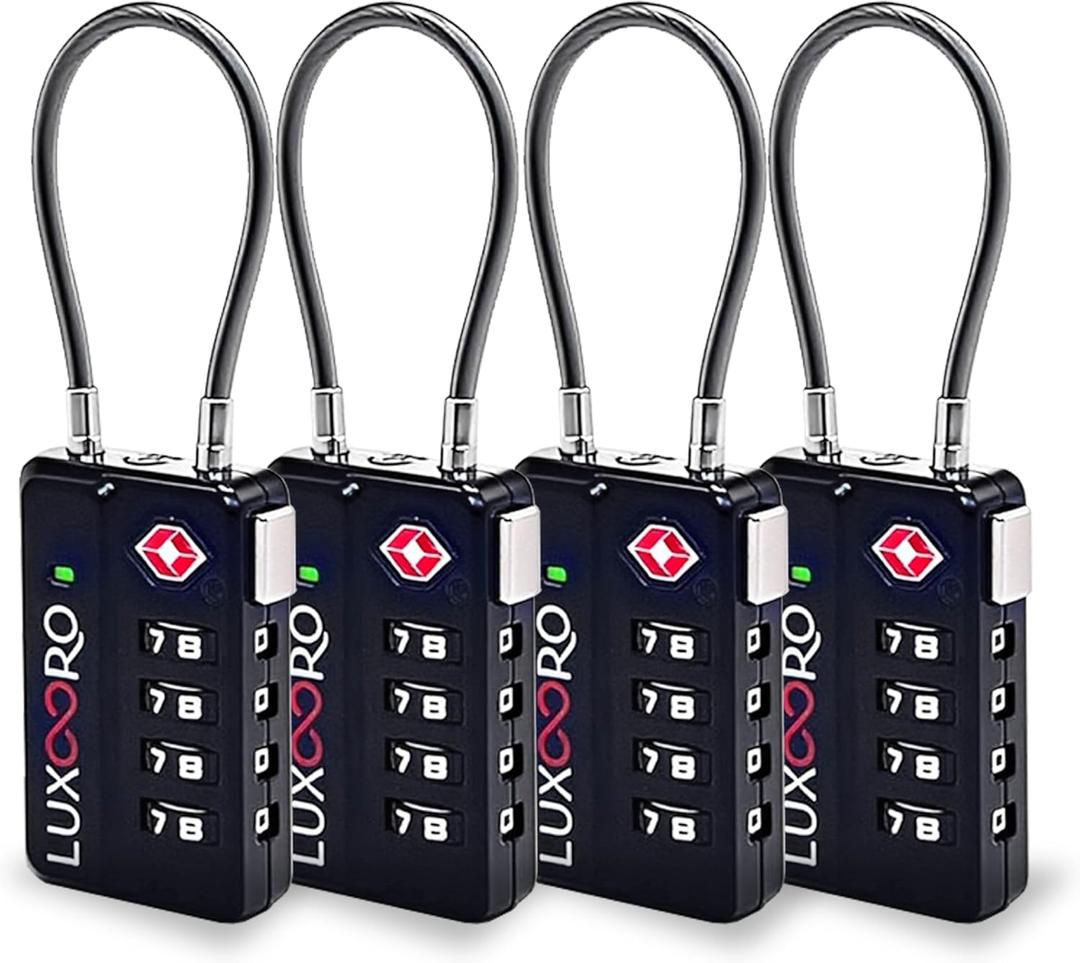 Tool-Less TSA Approved Luggage Lock with Alert Indicator, 4-Digit Resettable Combination, Durable Zinc Alloy Travel Locks for Suitcase, Backpack, Toolbox, Locker, Keyless  Black (4 Pack)