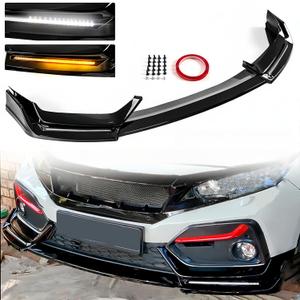 Front Bumper Lip Splitter with LED Light Compatible with 2017-2021 Honda Civic Hatchback & Si, Glossy Black Air Dam Spoiler with Daytime Running Lights Fit for 17-21, Lower Chin Protection