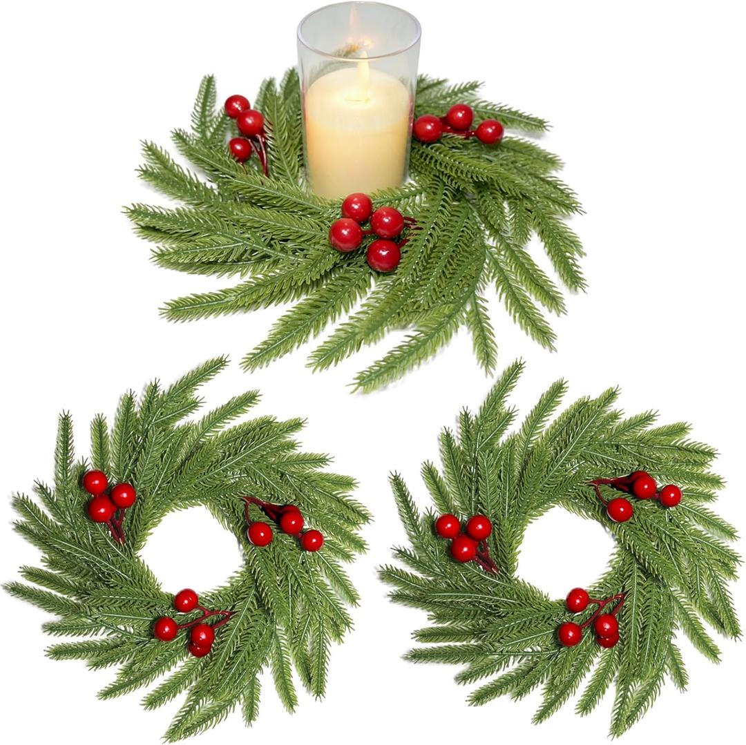 3Pcs Christmas Candle Rings Wreaths Artificial Norfolk Pine Branches Red Berry Branches Candle Holder Rings Mini Wreaths Decorations for Tables Centerpieces Mantle Frontdoor Home Kitchen Xmas Decor