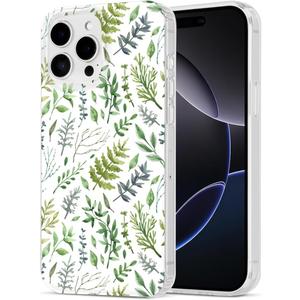 Case Compatible with iPhone 16 Pro Max, Green Botanical Pattern Aesthetic Phone Case for Women Girls Men Shockproof Protective Phone Cover - Greenery