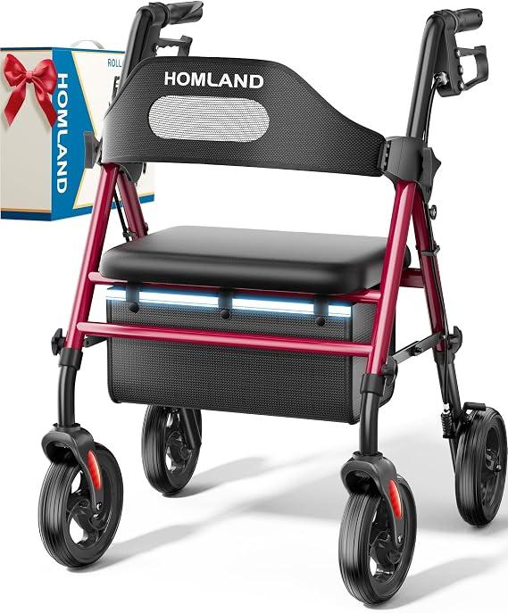 HOMLAND Foldable Rollator Walkers for Seniors with Seat, 16" Enlarged Seat | 350 lb Sturdy Frame, 16"×12" Seat 1.9" Thick, 8" Big Wheels, Adjustable Height, Tool-Free Assembly, All Terrain Mobility Aid