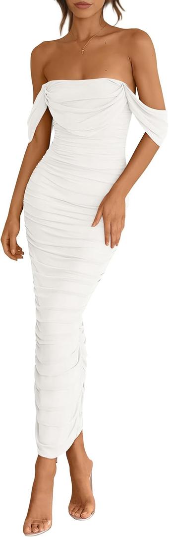 PRETTYGARDEN Womens 2026 Summer Off The Shoulder Dress Ruched Bodycon Sleeveless Split Cocktail Party Maxi Dresses (Medium, White)