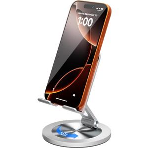 Phone Stand for Desk, 360 Rotating Dual Adjustable Foldable Holder, Heavy Solid All-Aluminum Base Anti-Slip Stable Support for Home Office Study, Fits iPhone Galaxy 4-8" Phones (Silver)