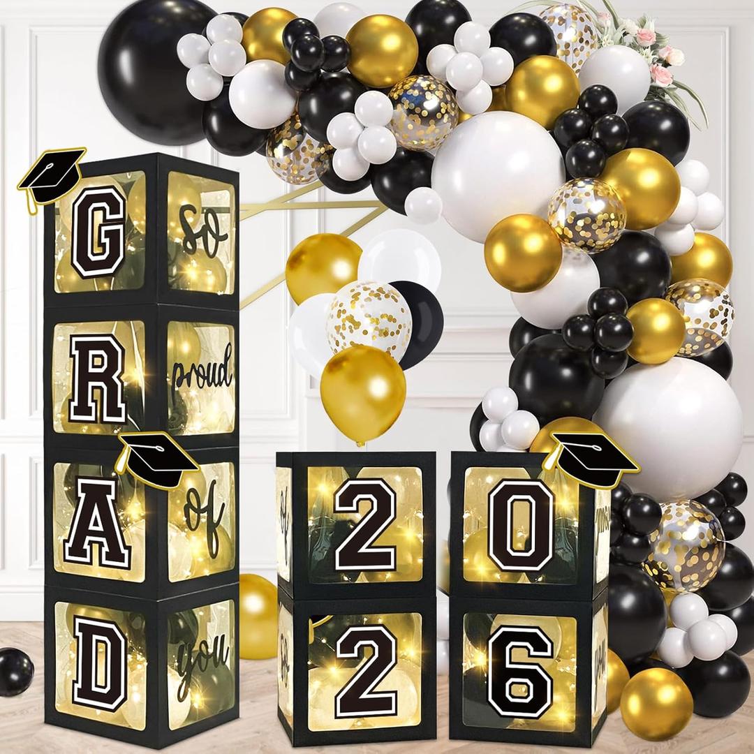 DAZONGE 2026 Graduation Decorations Black and Gold - Set of 4 Grad Boxes with 139pcs Balloon Arch Garland Kit & 4 Light Strings - So Proud of You 2026 Graduation Party Decorations for Any Grades
