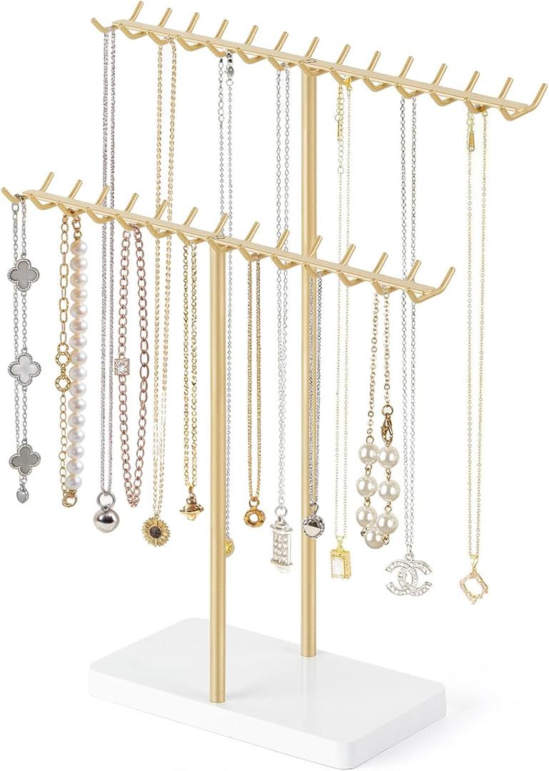 Mkono Necklace Holder Organizer Metal Jewelry Display Stand 2 Tier Bracelet Hanger Gold Tree Tower Rack for Storage Bangles and Earrings Gift for Women Bedroom Dressing Table Decor
