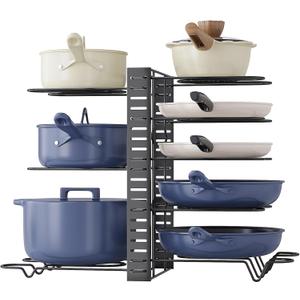 Pots and Pans Organizer for Cabinet 16.61 Height, 8 Tier Pot Organizers Rack with 3 DIY Methods, Adjustable Pan Organizer under Cabinet Kitchen Organization and Storage (Black)