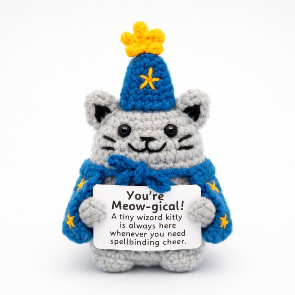 Handcrafted Crochet Witch Doll, Small 2.5x1.5x4 Inch Decorative Plush Figure, Yarn Material, Magical Theme, Inspirational Signs, for Ages 13+ (Cat Wizard)