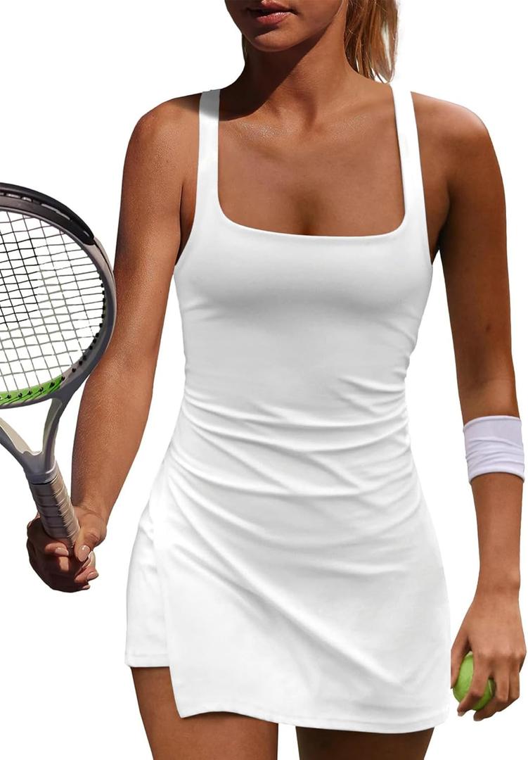 Wenlia Women's Low Back Cutout Tennis Dress with Separate Shorts and Built in Bra Square Neck Side Slit Workout Golf Dress (Medium, White)