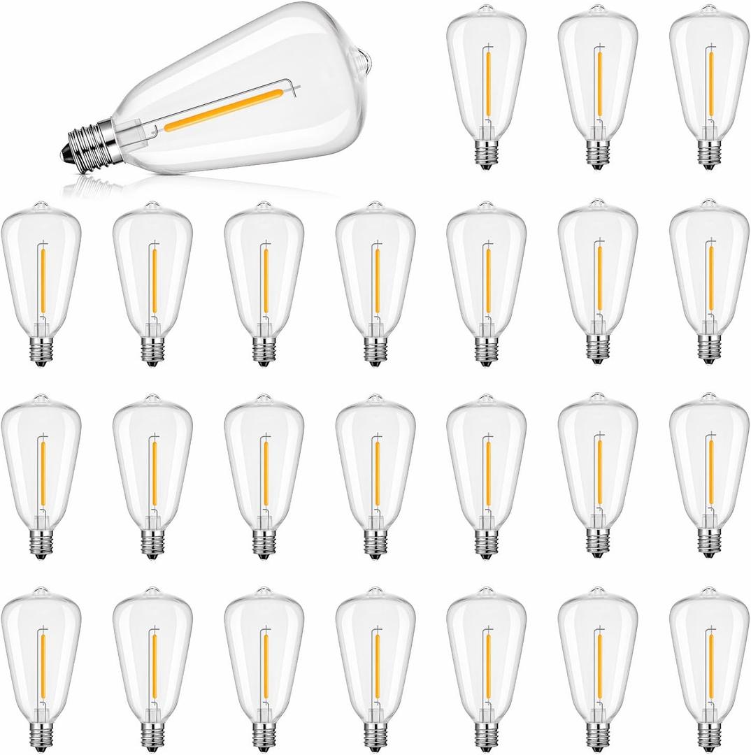 ST38 LED Solar Replacement Bulbs,1W Equal to 5W,DC 3V Plastic E12 Screw Base Shatterproof & Waterproof Globe Bulbs Light for Outdoor String Lights,Patio Cafe Bistro Decor, 2700K Warm White,25 Pack