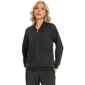 Scrub Jackets for Woman, Zip Front Nurse Jacket, 4-Way Stretch Fabric with Four Pockets,Black, L