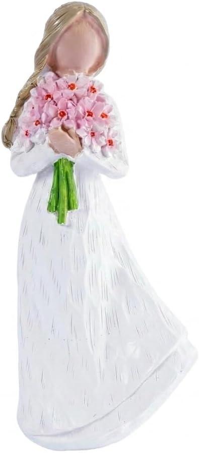 Angel Figurines Memorial Gifts Holding Pink Flower Bouquet Hand Painted Resin Guardian Angel Statue Elegant White Dress for Sympathy Gift Home Shelf Living Room Decor