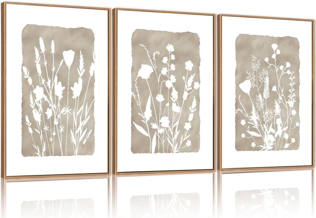 FWIEXA Neutral Botanical Canvas Wall Art Set 3, Minimalist Boho Wildflowr Framed Prints, Beige Floral Paintings, 16x24In Rustic Plant Artwork Poster for Farmhouse, Gift, Living Room, Bedroom, Office