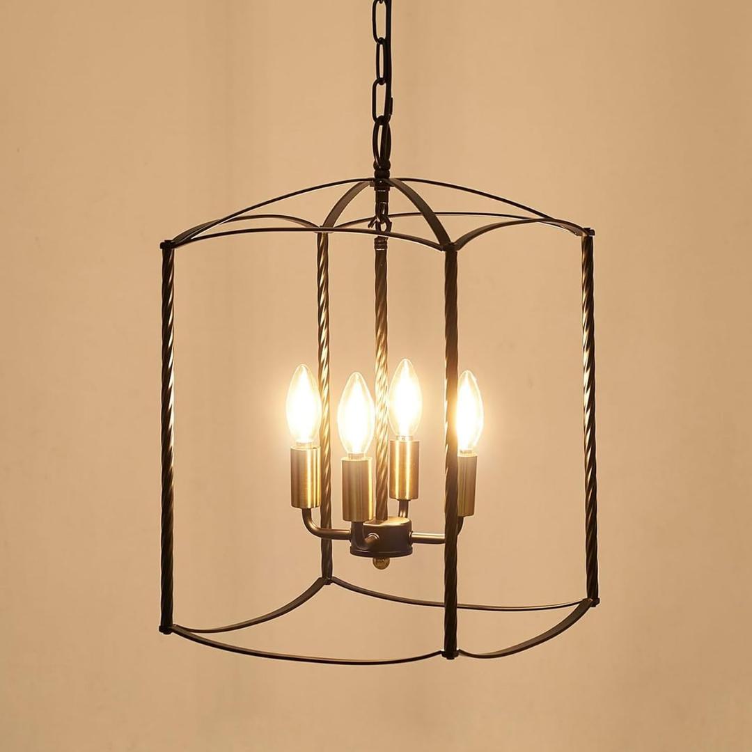 LAMKNVS Farmhouse 4 Lights Pendant Light, Industrial Black Lantern Chandelier with E12 Gold Base Metal Cage Rustic Geometric Hanging Light Fixtures for Kitchen Island Foyer Entryway Dining Room