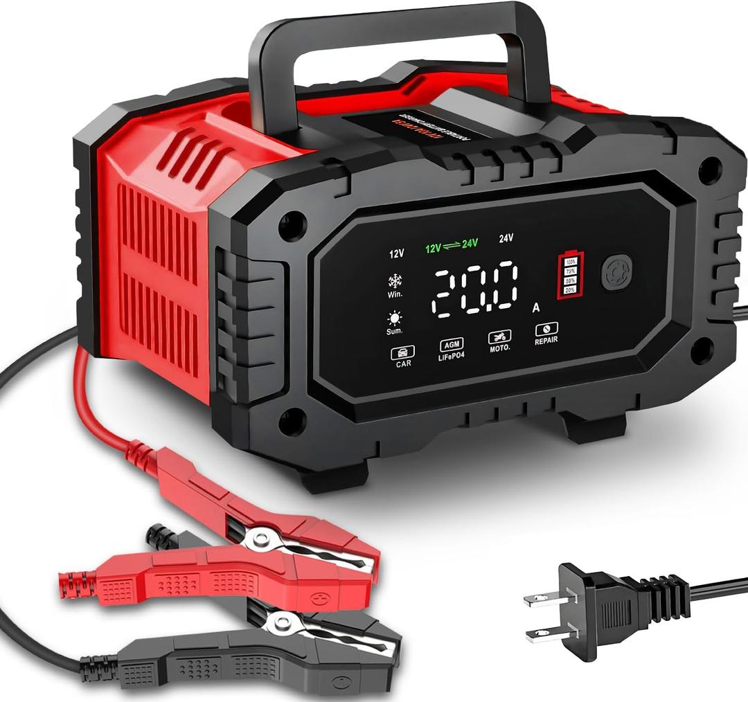 Car Battery Charger 20Amp, 12V 24V LiFePO4 Lead Acid Automatic Smart Battery Maintainer,Trickle Charger Automotive & Desulfator, Repair & Winter Mode w/Protections For AGM STD Gel Deep Cycle Batteries
