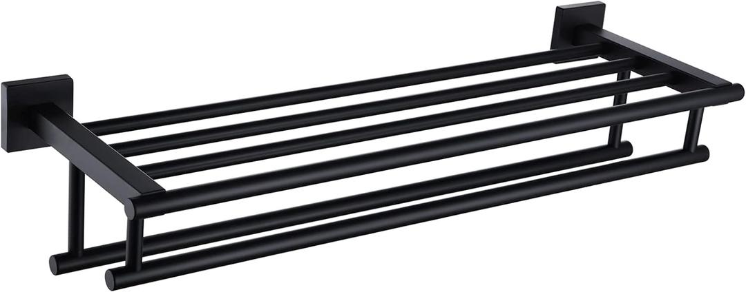 KOKOSIRI Bath Towel Rack with Double Towel Bars Bathroom Towel Shelf 24 Inch Towel Holder Wall Mounted Stainless Steel, Matte Black, B6005BK-L24