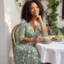 SUZONANA Plus Size Dresses for Women Floral Print Maxi Dress Flowy 3/4 Sleeve with Belt (Green, XXL)