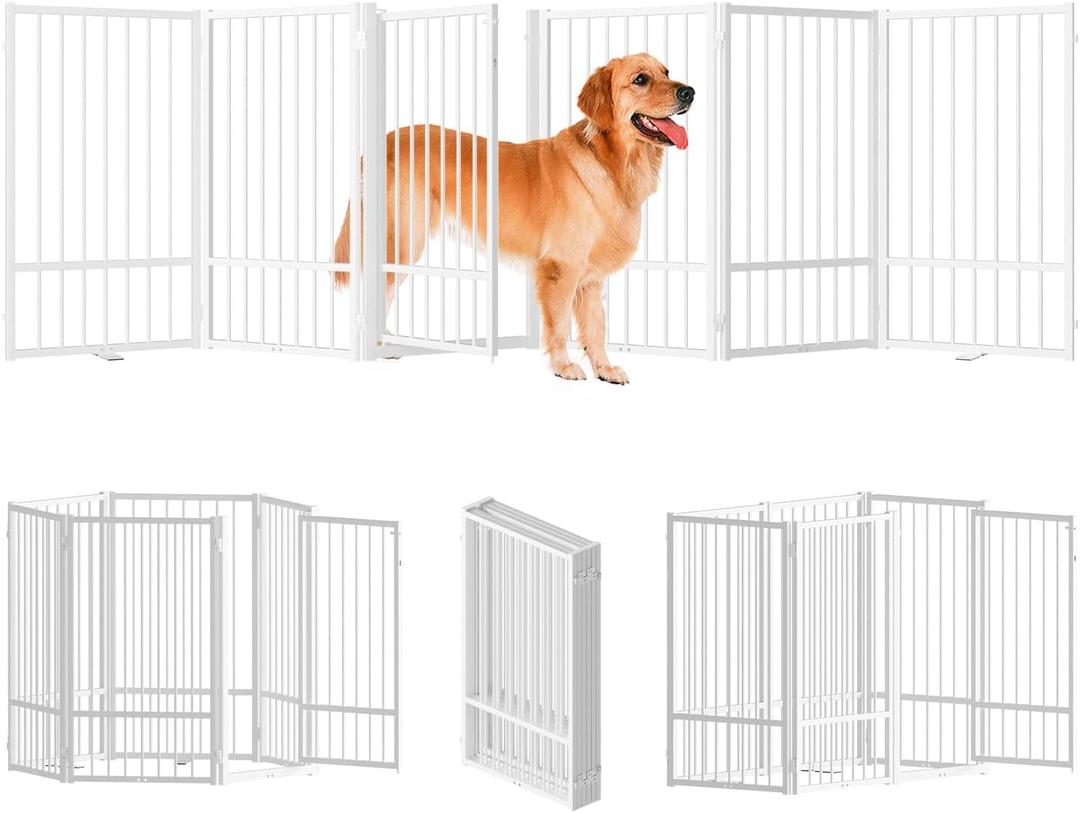 Full Matel Freestanding Dog Gate with Door, 36''Height Foldable Pet Dog Fence for Indoor & Outdoor, 6 Panels Extra Wide Free Standing Tall Dog Gates for Doorways,House,Stairs,Porch,Deck,Yard (White)