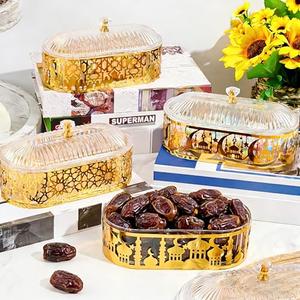 BruinBang 4 Pcs Ramadan Dates Holder Golden 7.2" Acrylic Vintage Platter Metal Eid Al-fitr Dessert Plate Serving Dish Trays with Clear Dome Lid Embossed Patterns for Ramadan Party Table Decoration