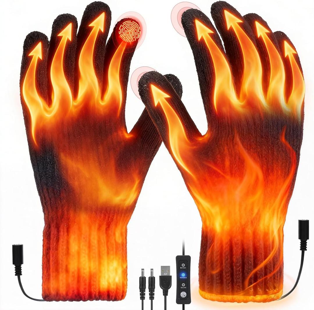 USB Heated Gloves for Women Men, Winter Gloves Full Finger Hand Warmers Gloves 3 Levels Temperature Adjustable Fast Heating Electric Heated Gloves for Outdoor Skiing Cycling Hiking (Grey) (black)