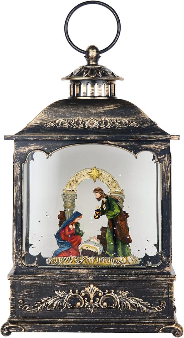 Wondise Christmas Muscal Snow Globe with Timer, USB Plug-in & Battery Operated Spinning Water Glitters Lighted Singing Snow Globe Lantern for Christmas Decorations (Nativity Mini)