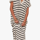 Zesica Womens Striped Summer Dresses Short Sleeve V Neck Knit Collared Sexy Slit Loose Maxi Sweater Dress S